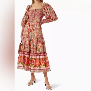 FarmRio Macaw Flight Smocked Cotton Midi Dress